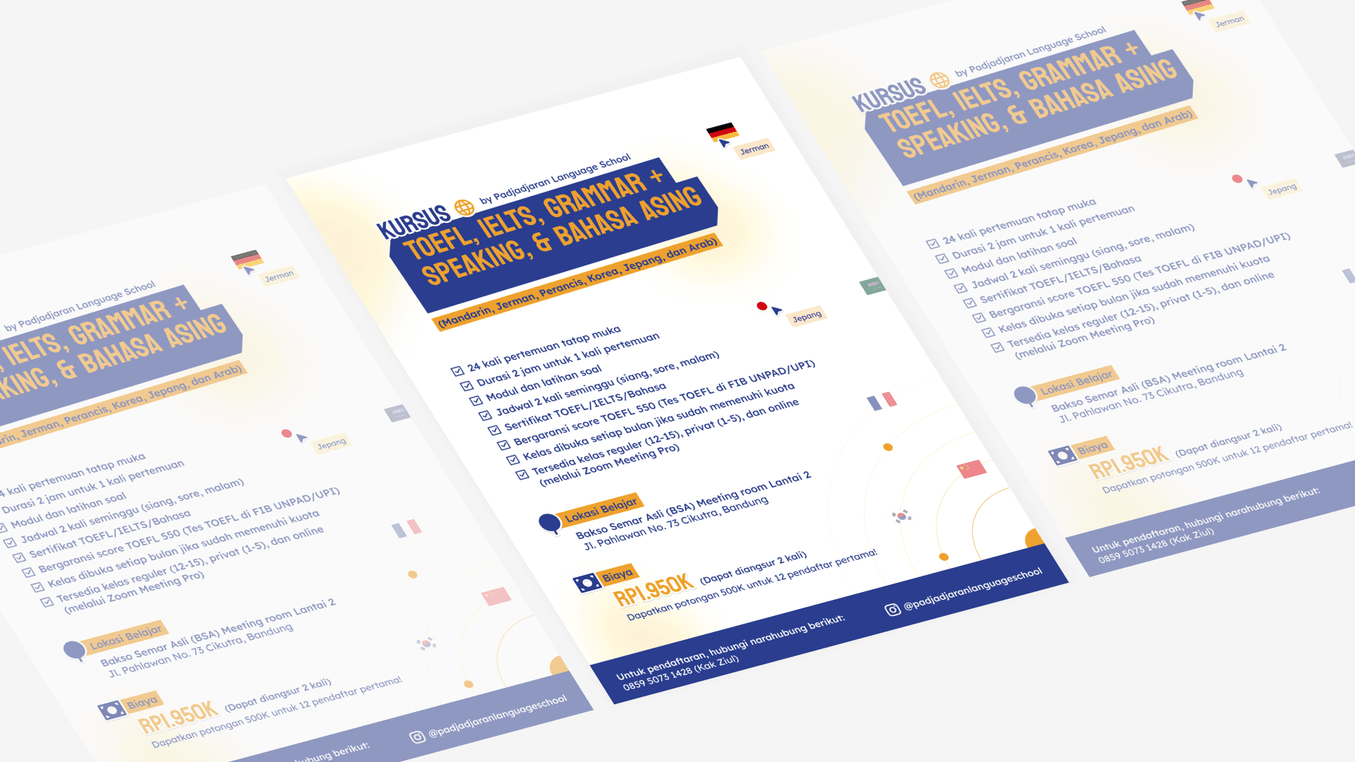 Flyer for language courses. Bold text promotes TOEFL, IELTS, grammar, speaking skills in various languages. Flags signify offered languages, price is IDR 950K.