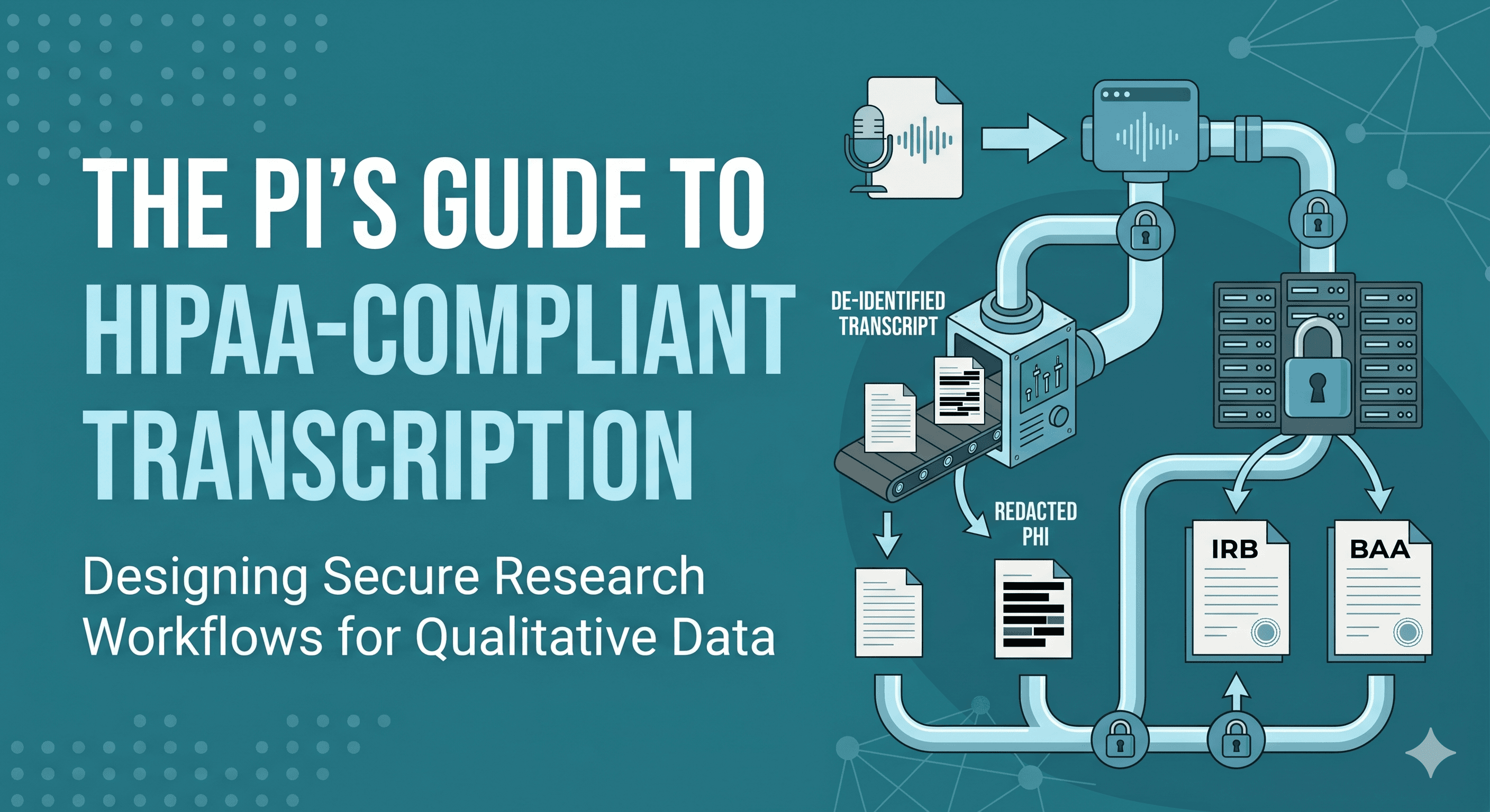 An abstract data workflow diagram illustrating a secure, HIPAA-compliant transcription process for qualitative research, showing encrypted audio being filtered into de-identified transcripts and redacted PHI alongside IRB and BAA compliance documents.