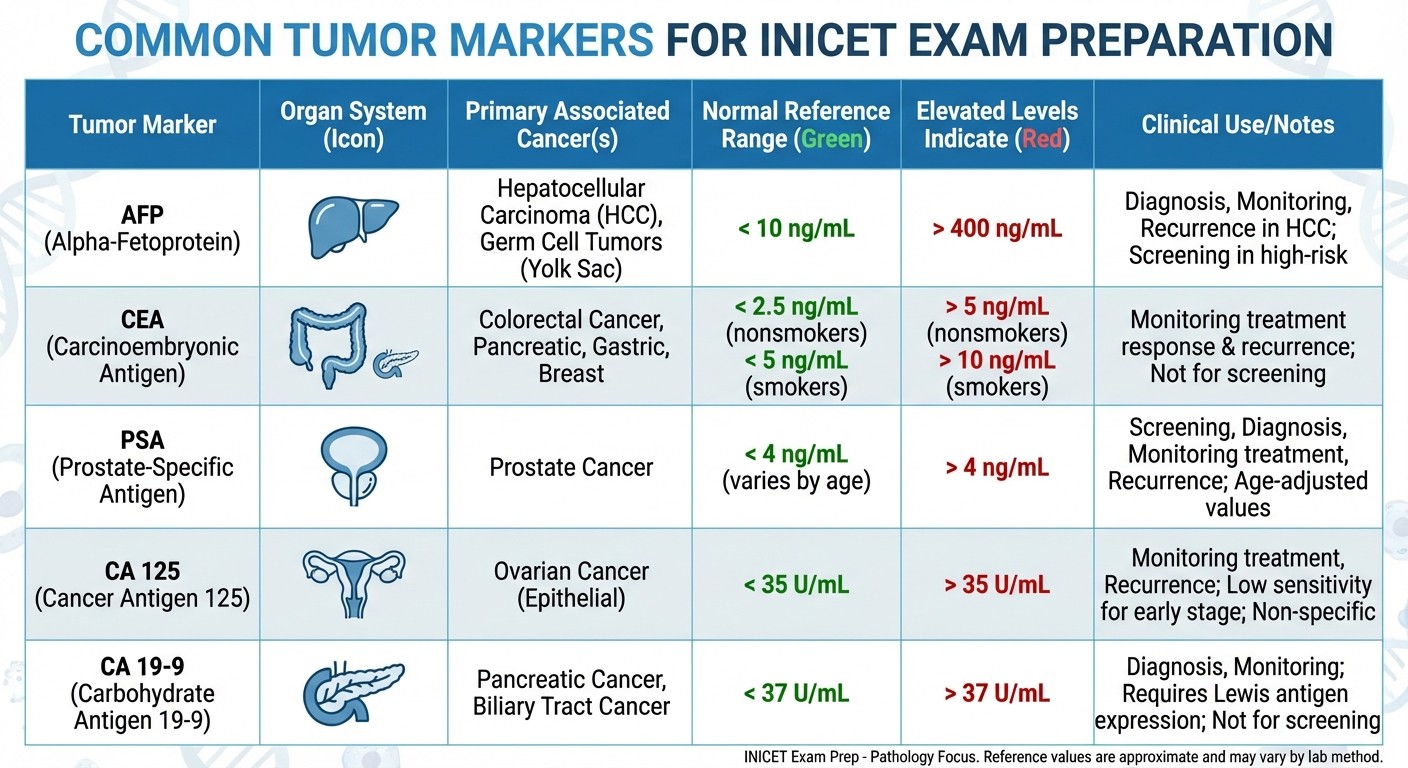 Tumor markers reference chart for INICET pathology showing key markers and their clinical significance
