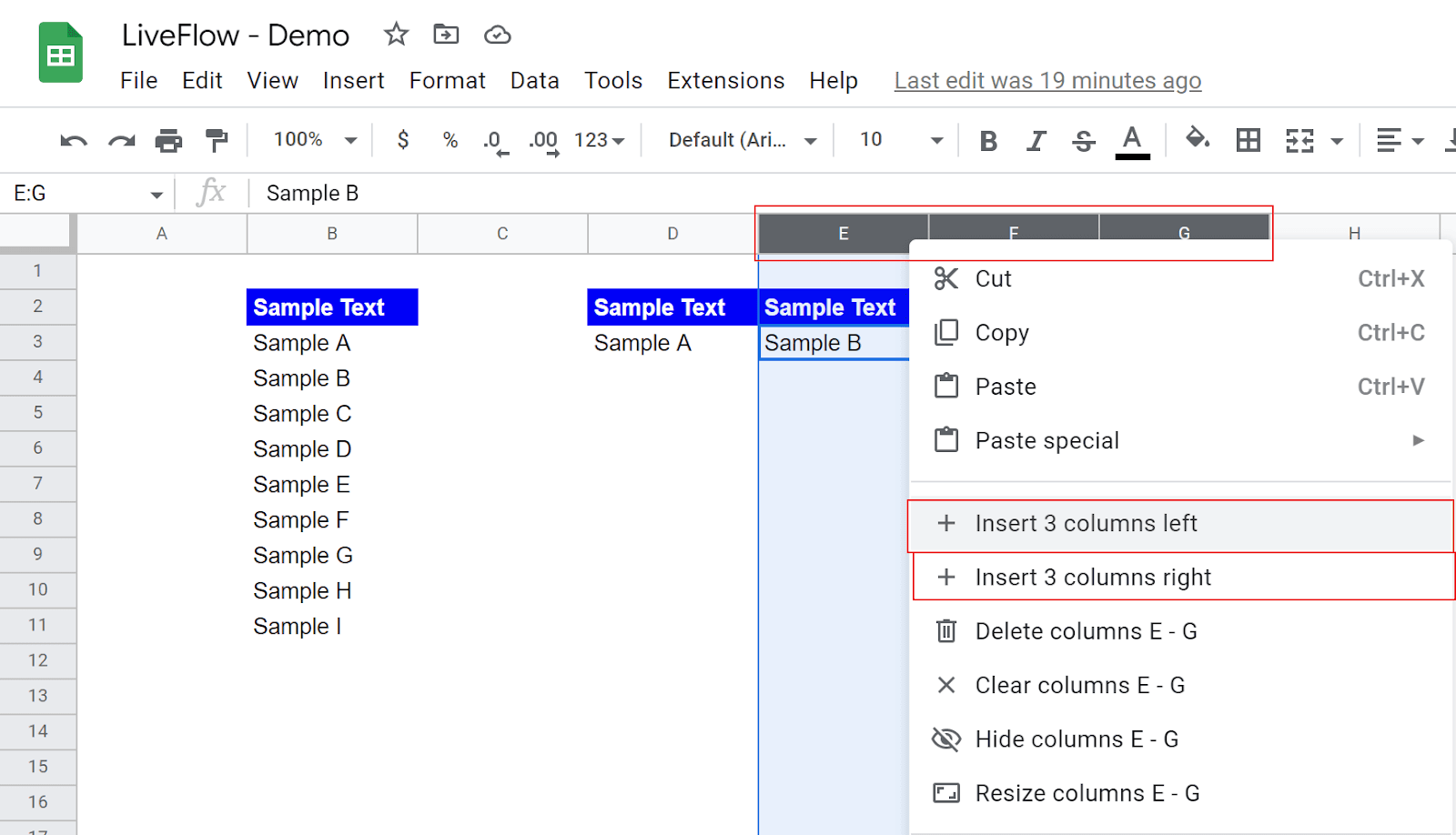 insert multiple columns by right-clicking in