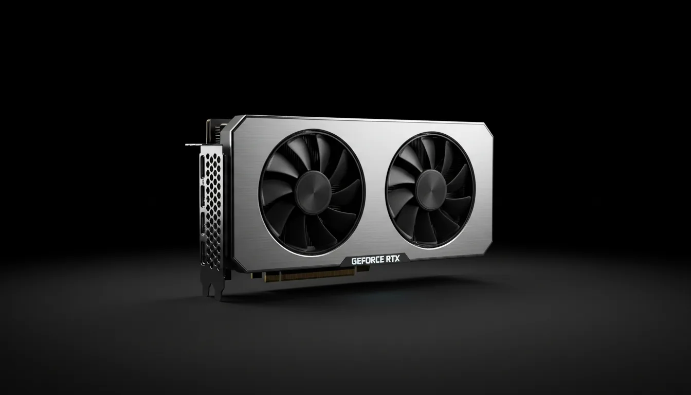 DSLR product photography of a modern NVIDIA GeForce RTX graphics card, eye-level shot against a pure black studio background. The card features a sleek, industrial design with a brushed silver aluminum shroud and black heatsink fins. Soft studio lighting creates clean highlights and dramatic contrast, emphasizing the metallic textures. Two matte black axial fans are visible on the underside. The entire graphics card is in sharp, crisp focus, creating a premium, minimalist hardware aesthetic.