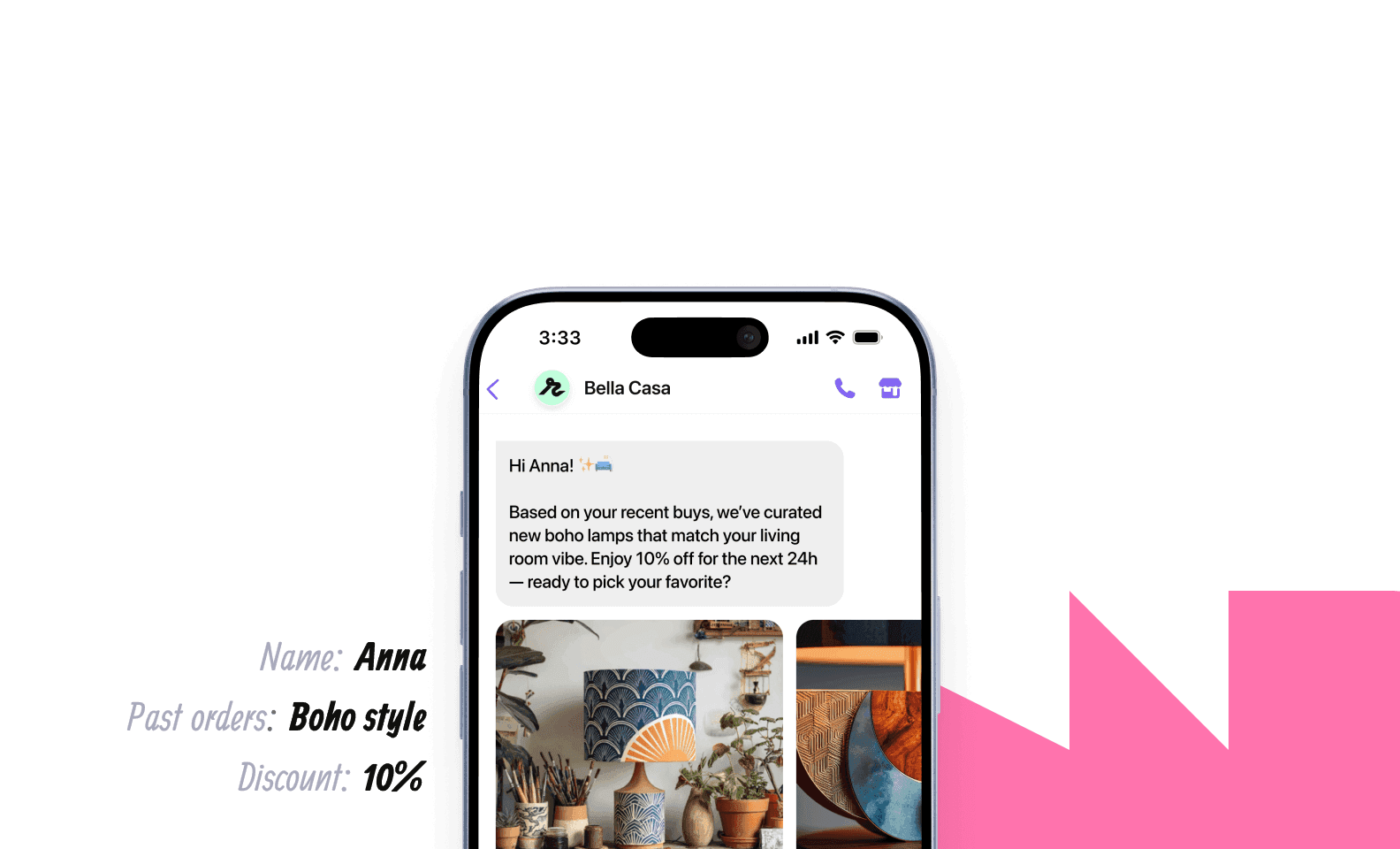 Visual depicting a personalized Viber message along with the personalization options, which are name, past orders, and discount rate (desktop view).