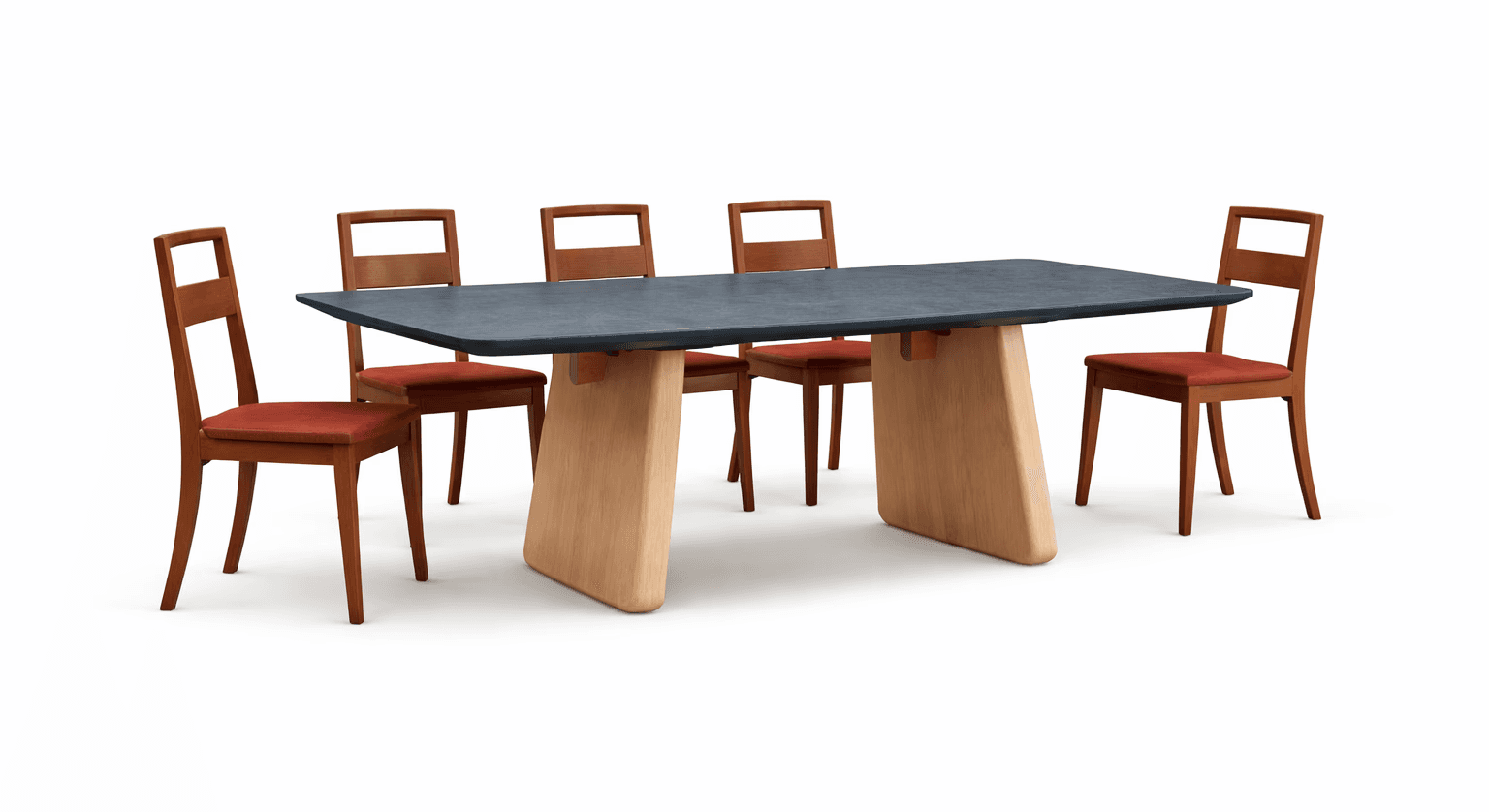 Modern styled dining table with thick central pedestal and dark tabletop, paired with straight wooden chairs