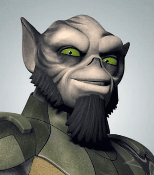 Zeb Orrelios, a Lasat, with large ears, a full beard, and sideburns 