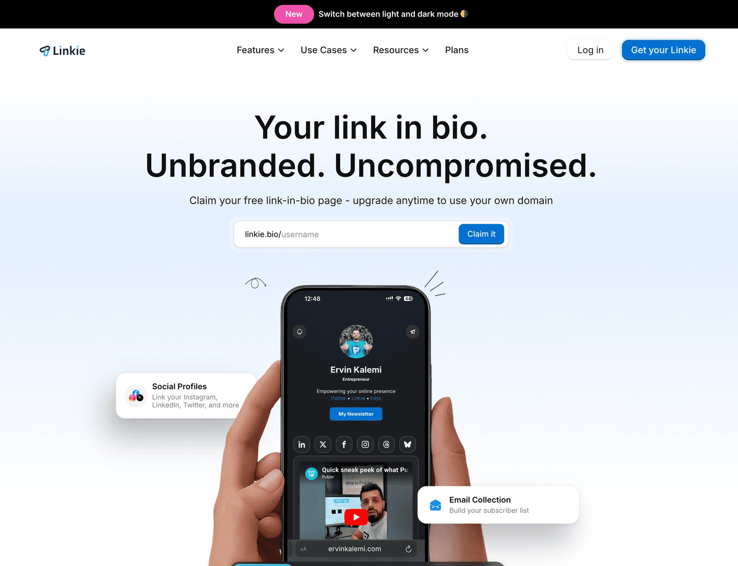 A website for Linkie, a link-in-bio tool, showing a phone with a user's profile and social links.