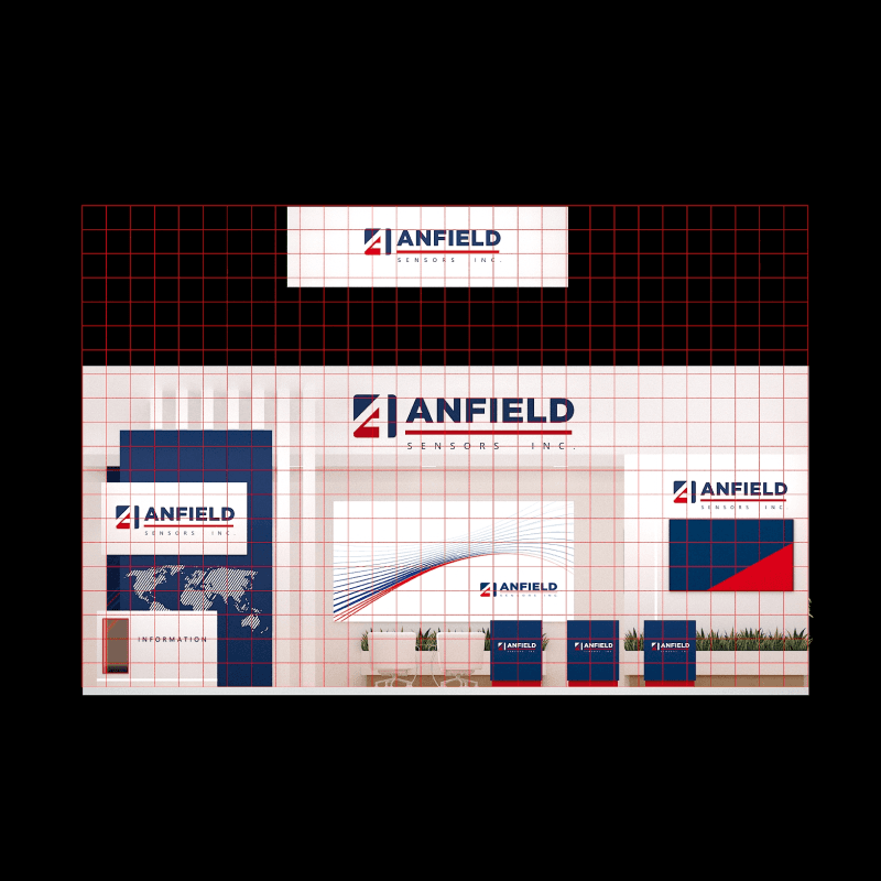 20x30 modular island booth with architectural framing and show-site support