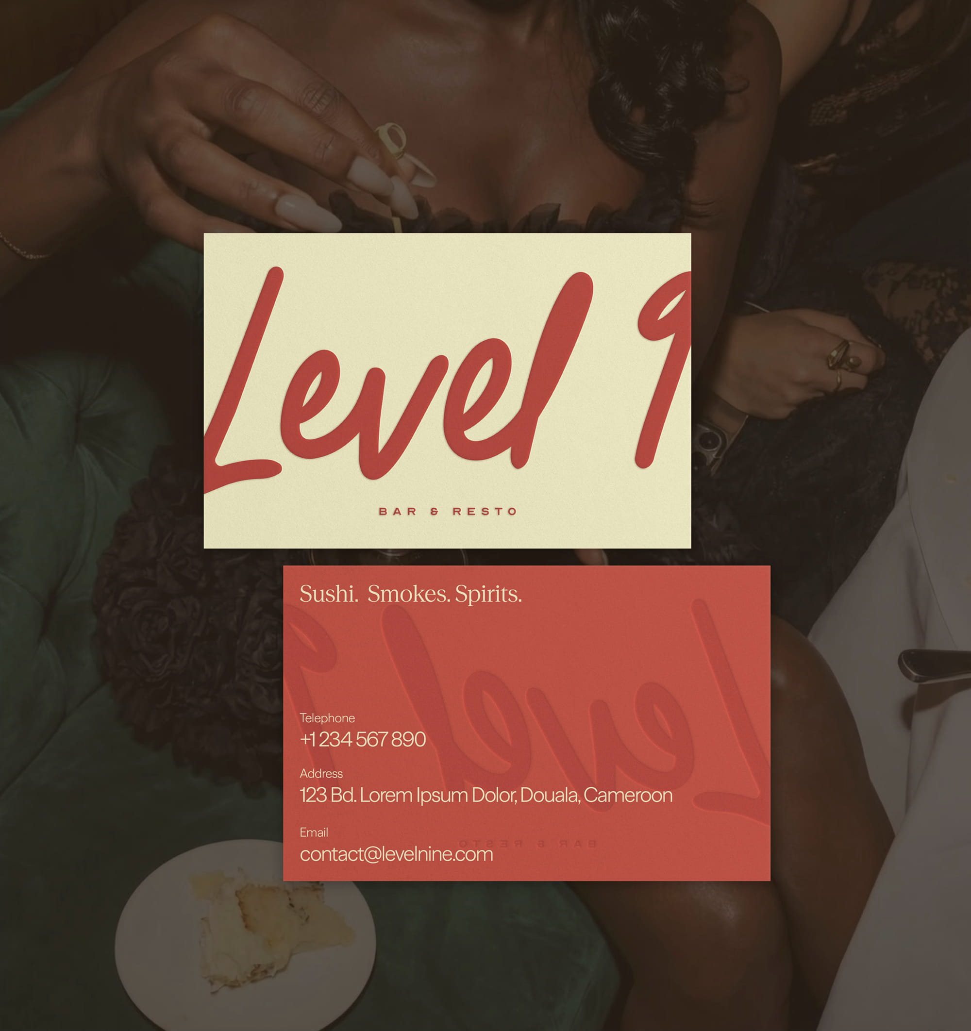 Branding and visual identity design for restaurant and bar with sushi, steaks and cocktails in Douala, Cameroon