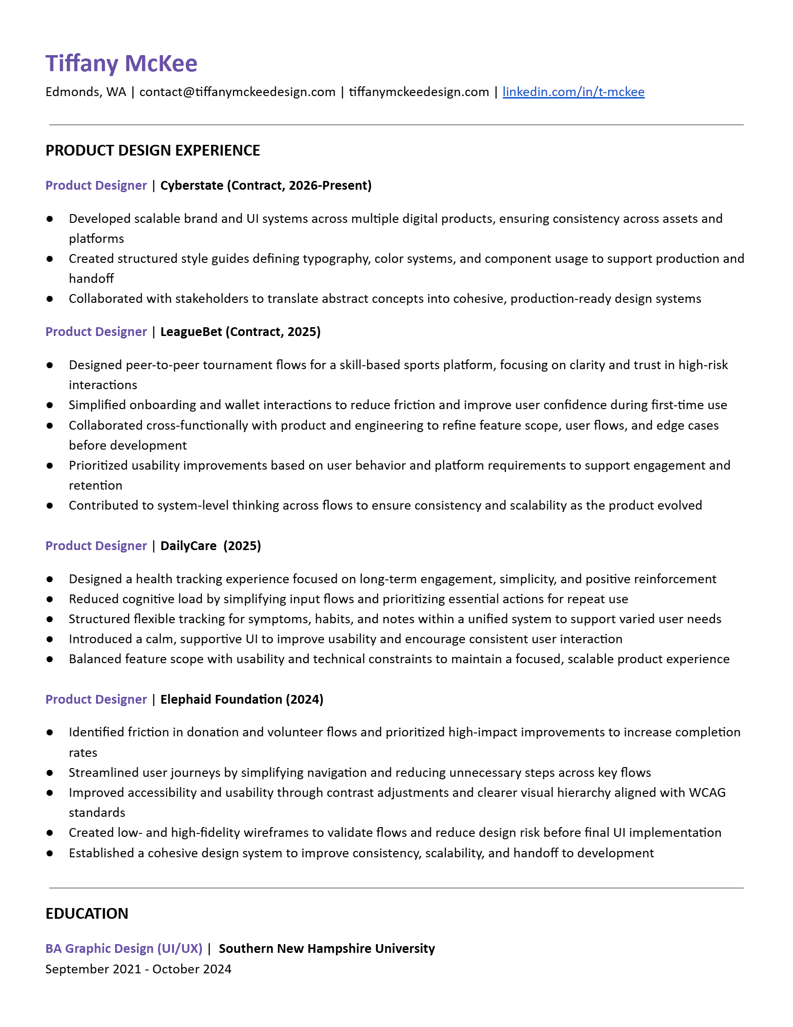 Tiffany McKee Product Designer Resume