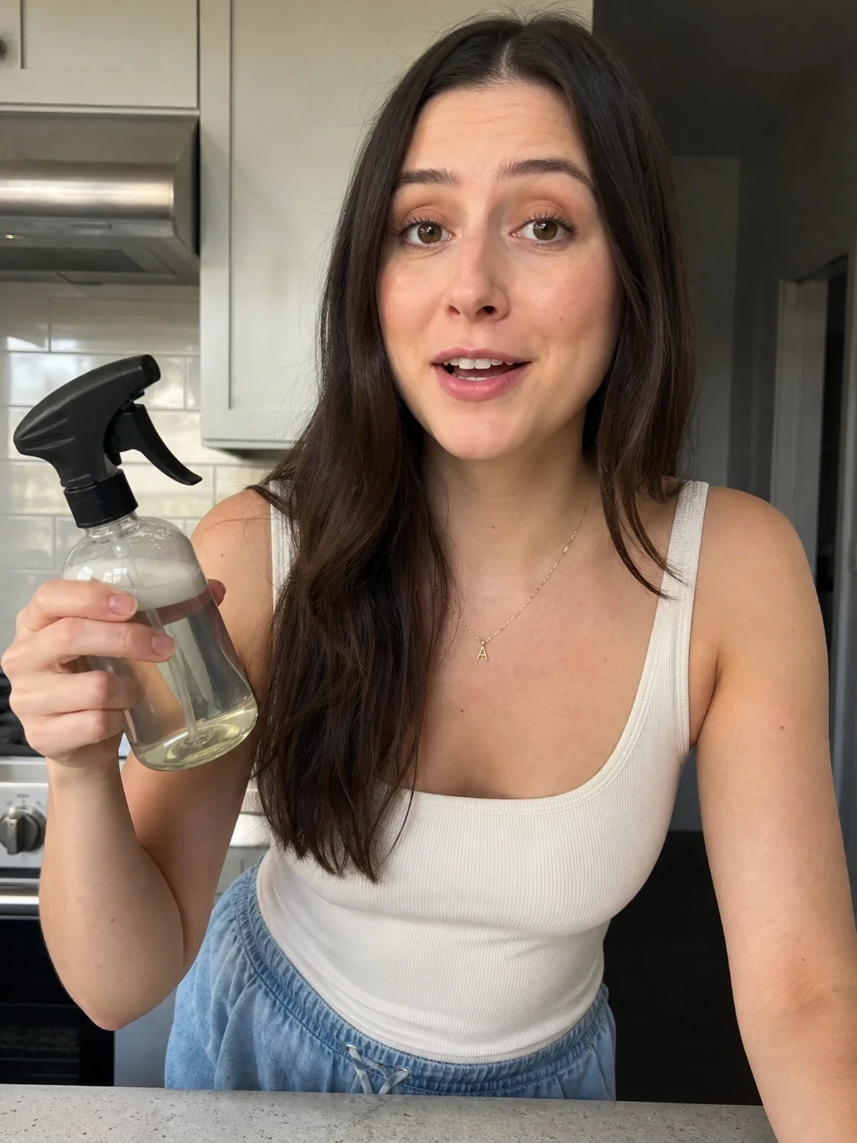 UGC creator in a kitchen, recording a simple product demo clip on a phone.