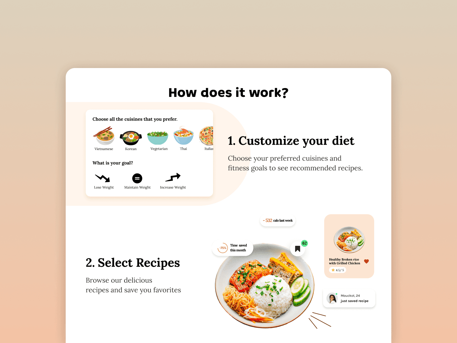 A close-up user interface mockup from the Foodgo website showcasing a recipe selection feature. A circular cutout features a close-up photo of a healthy salad with greens, tomatoes, and grilled meat, adorned with a green tag reading '62'. Floating interface elements nearby display metrics like a small circular graph showing '-75% time saved this month' and a capsule tag reading '-532 cal last week