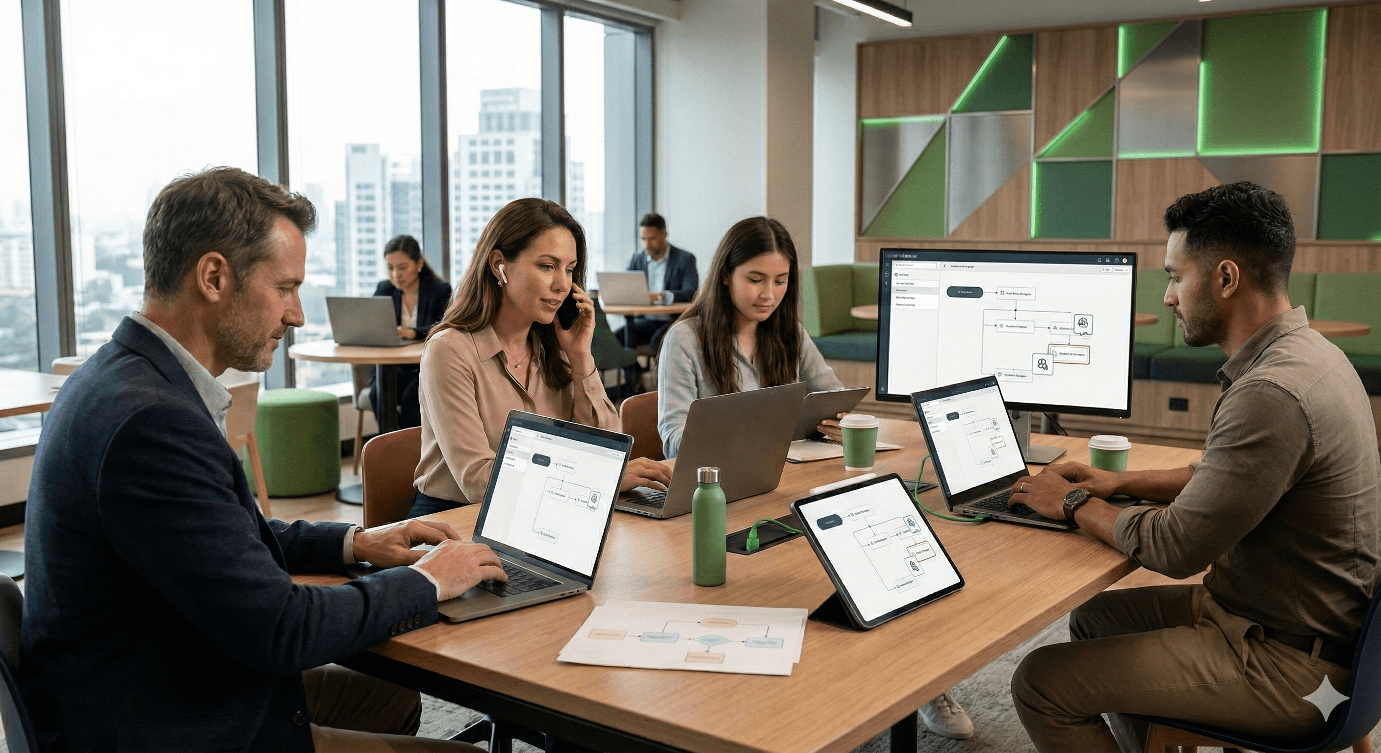 Four people are working together in a modern office with laptops and a tablet on the table, illustrating collaboration and technology integration, highlighting the potential of AI solutions in enterprise settings.