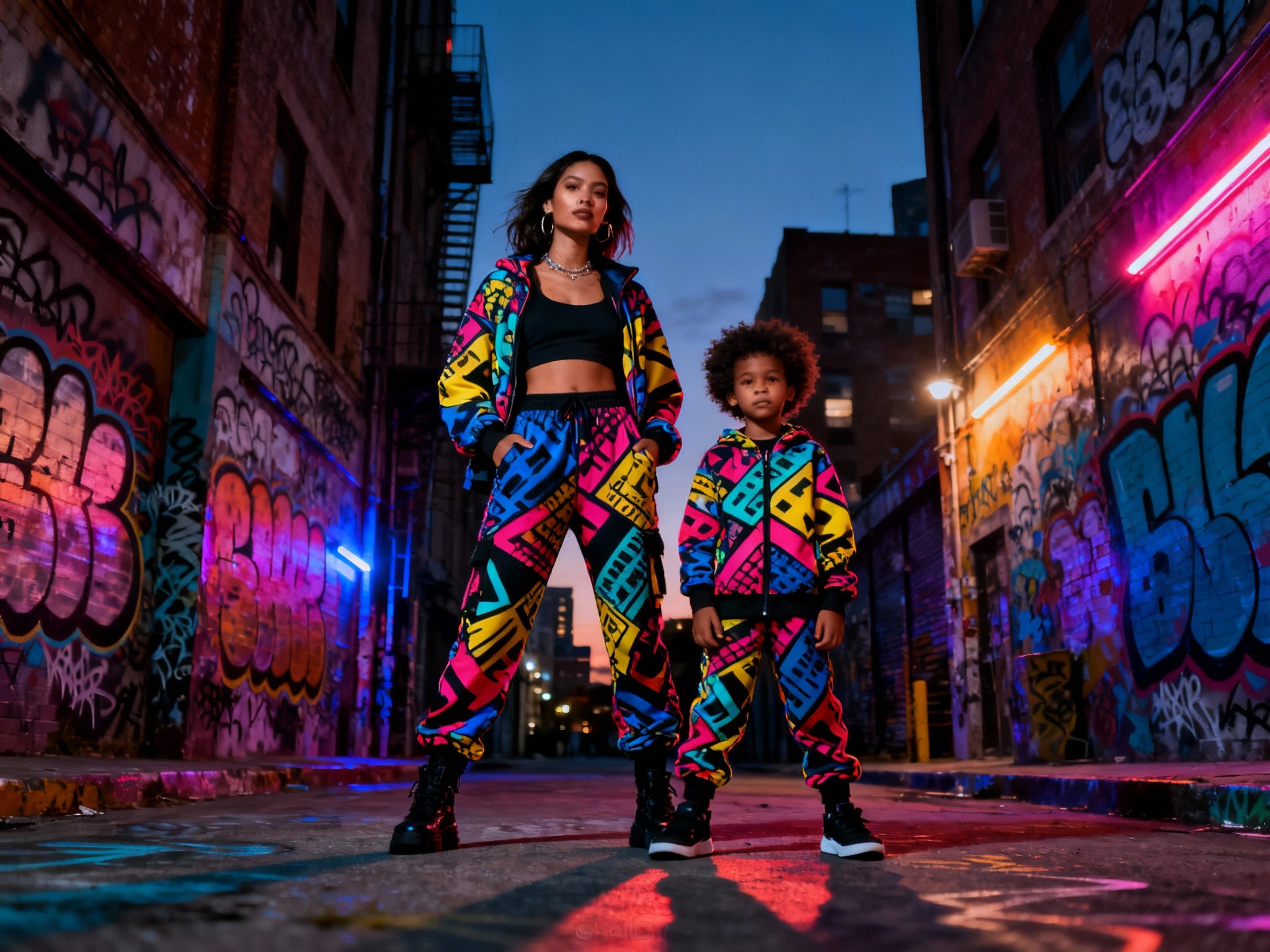 An editorial-style, photograph showcasing a mother and child duo in matching bold-patterned urban