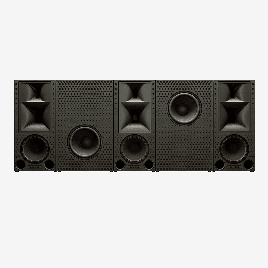 Five black speaker cabinets arranged in a row.