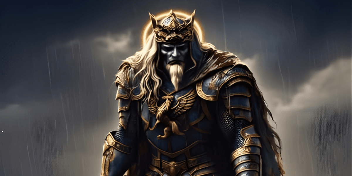 A dark fantasy warrior king clad in ornate armor, embodying strength and solemn responsibility.