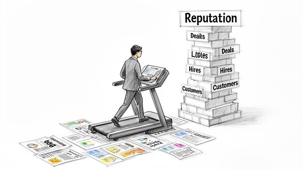 Businessman working on a treadmill, building a reputation brick by brick with deals, hires, and customers.