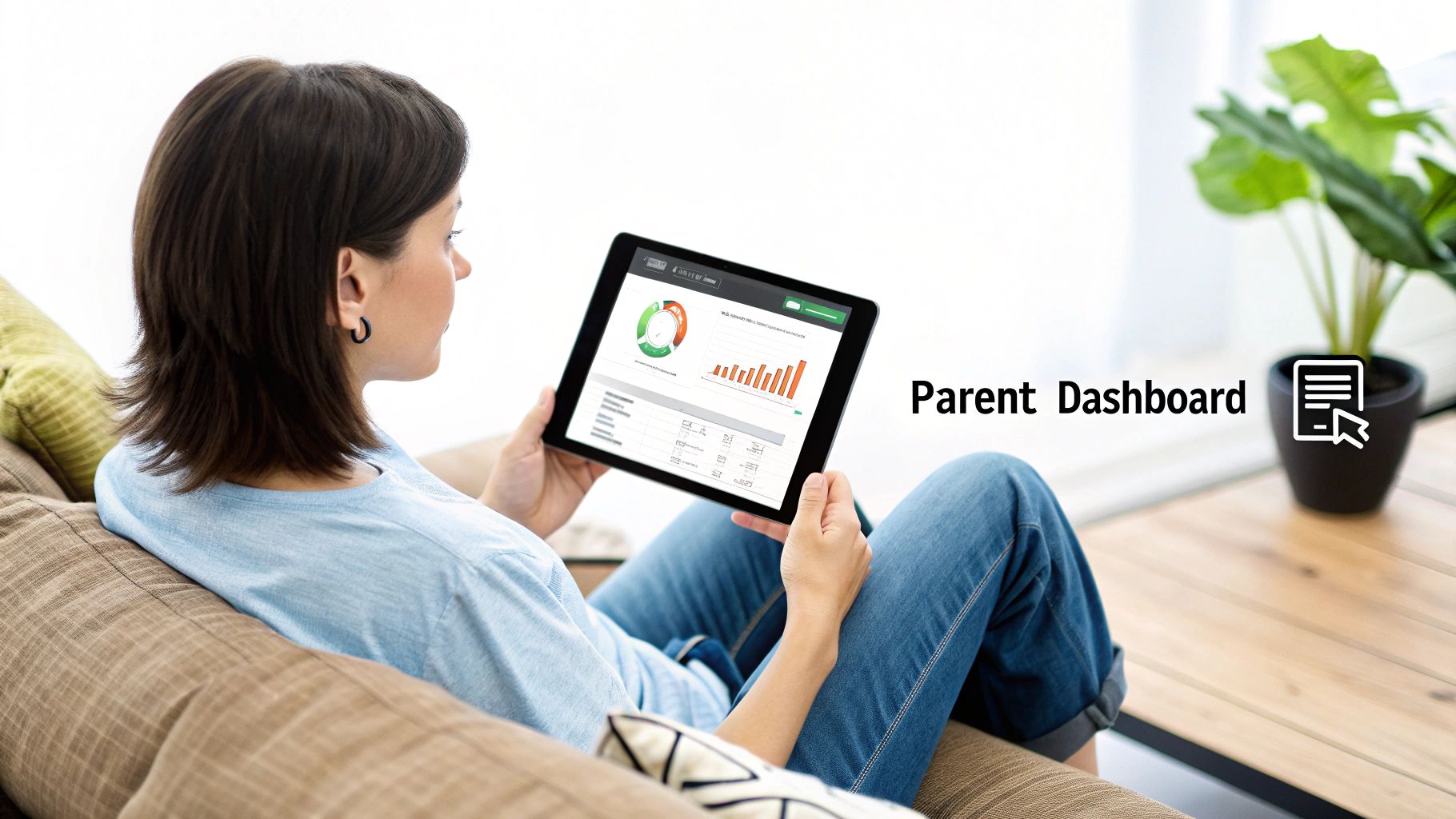 A woman relaxes on a couch, viewing a tablet displaying a parent dashboard with charts and data.
