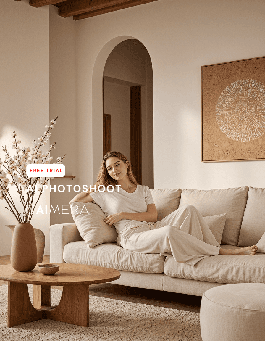 Minimalist living room with cream sofa, wooden accents, and neutral tones showcasing loungewear in a serene home environment