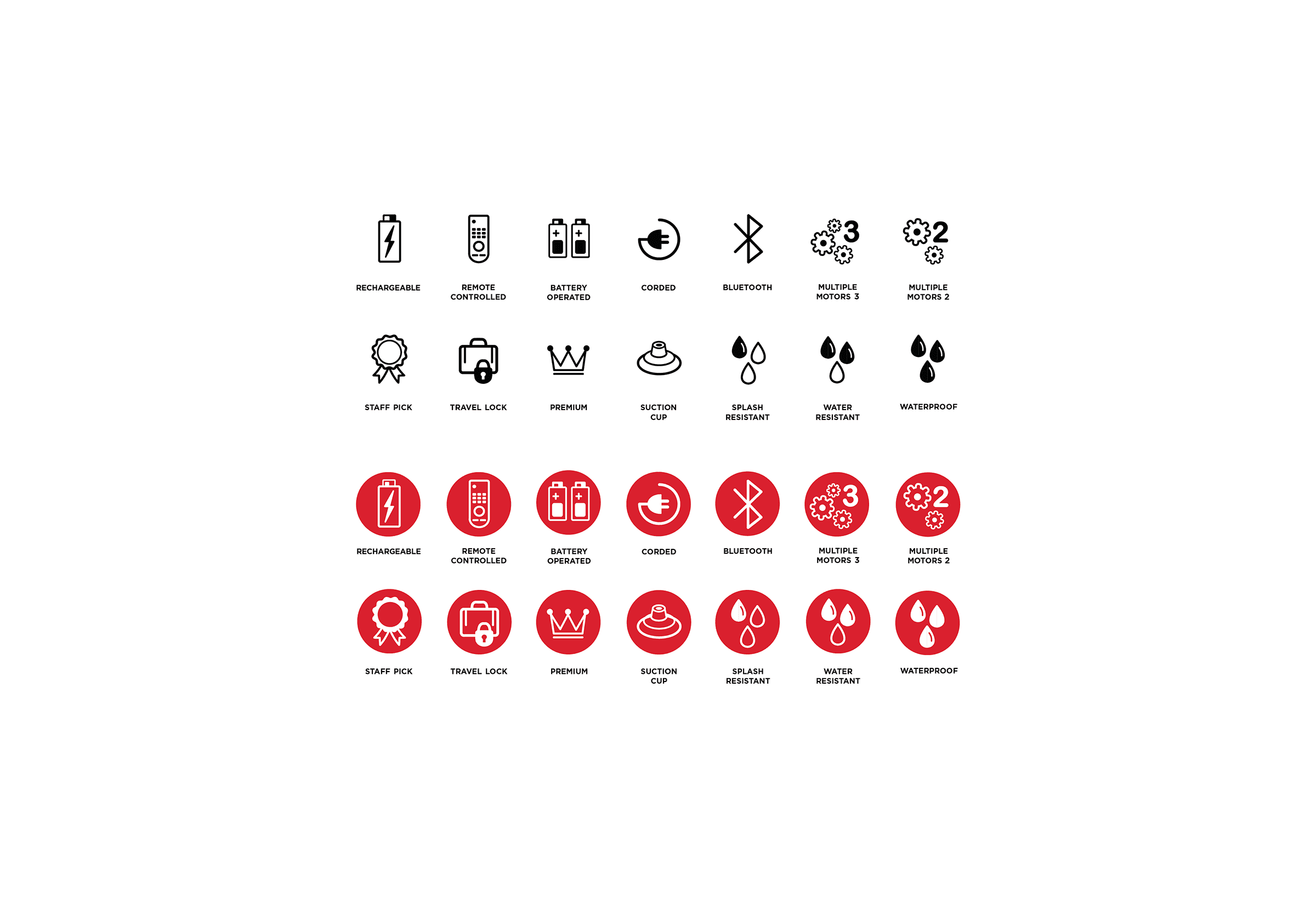 A set of pixel-perfect product feature icons in two distinct styles to improve the navigation of an online store.