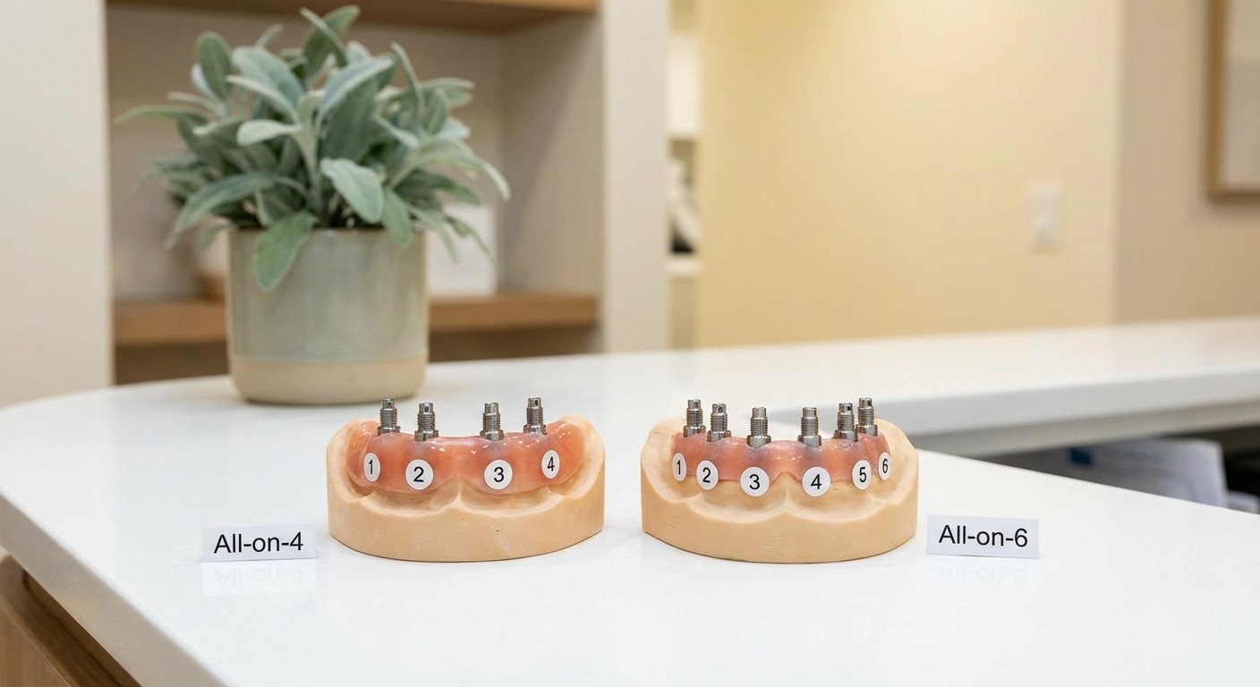Two full-arch dental implant models side by side on a clinical tray showing four versus six implant post configurations