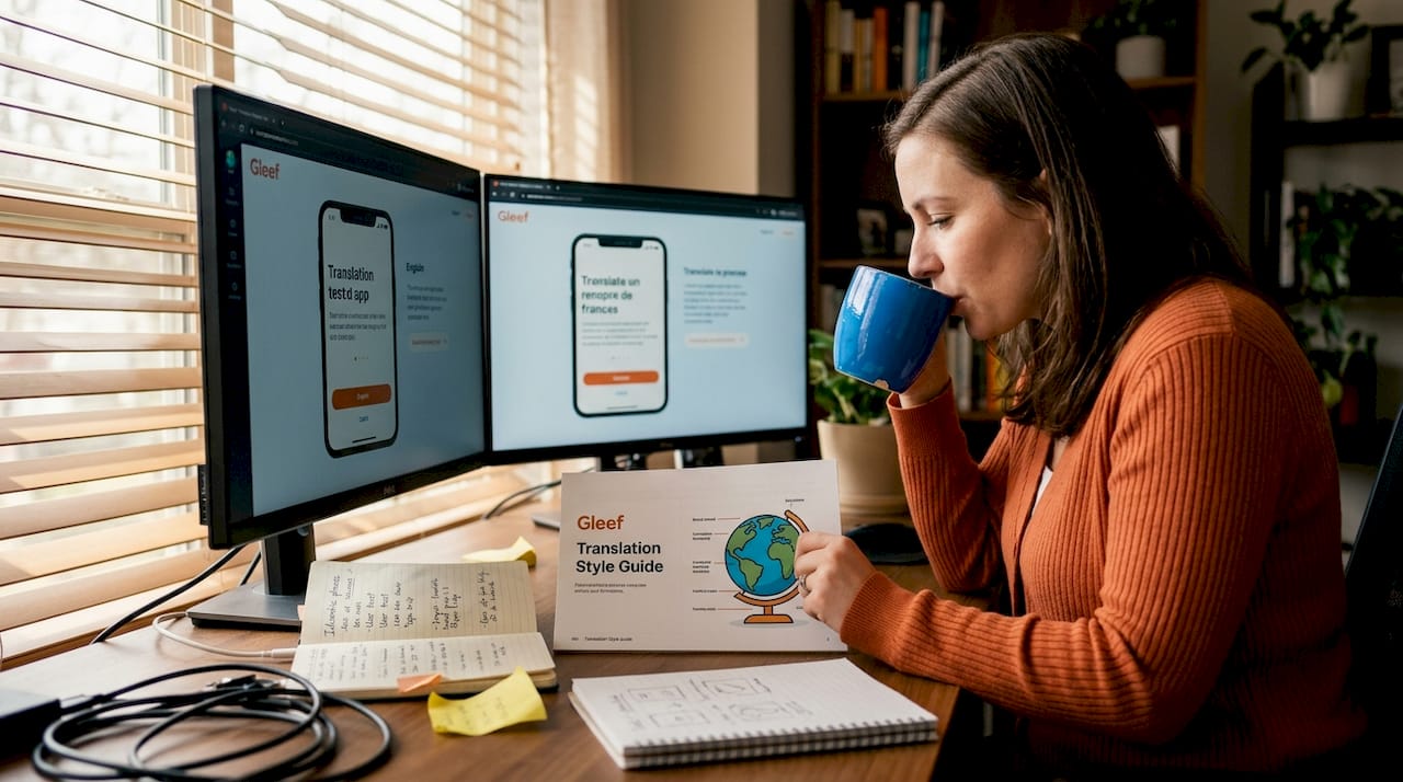 Woman testing AI translations at home office desk