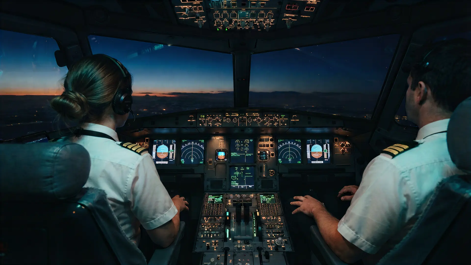 Pilots rest hands-off in a dark airliner cockpit at night while instruments glow steady.