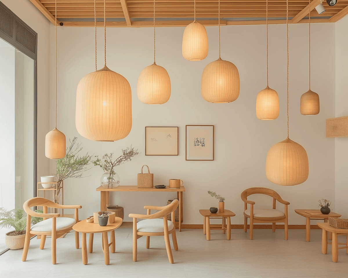 Minimalist café interior with wooden furniture and hanging pendant lights.