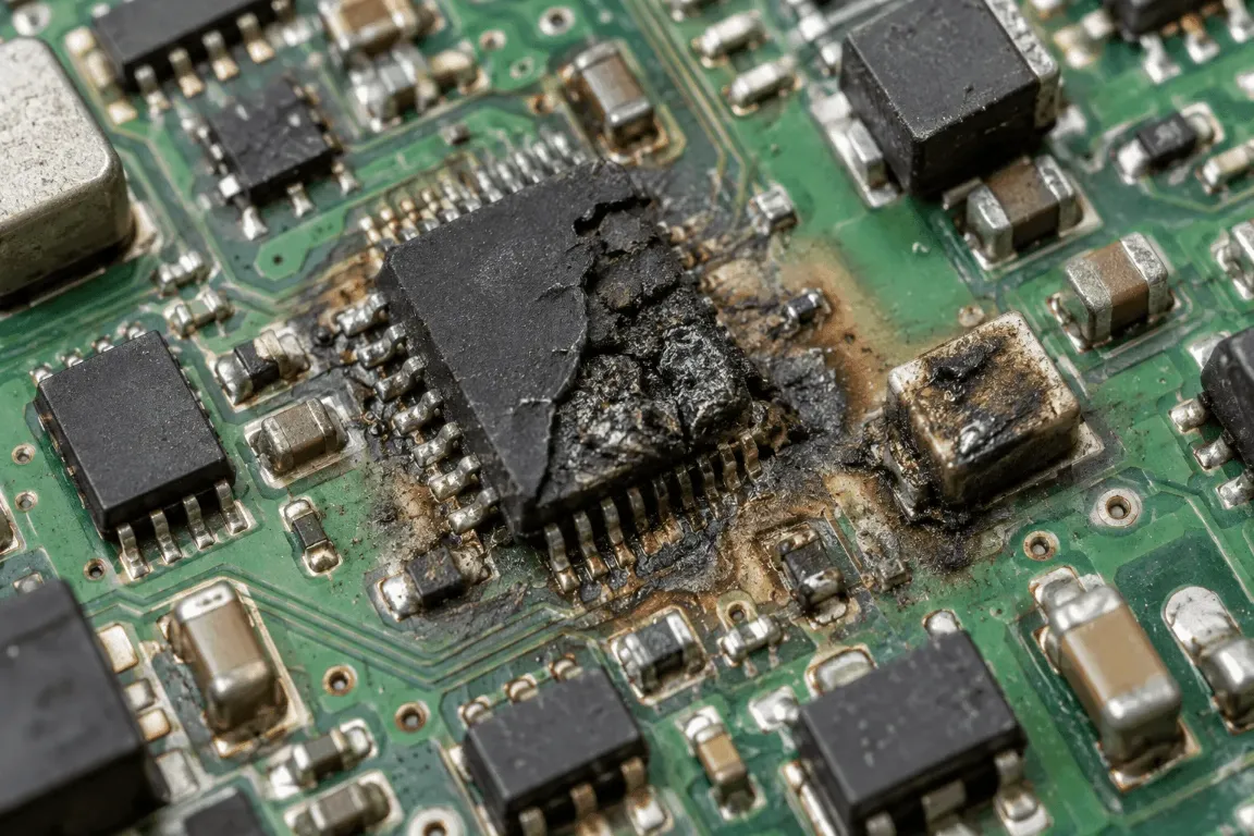 Nahaufnahme einer Elektronikplatine mit Bauteilen als Symbol für belastete Steuerungstechnik