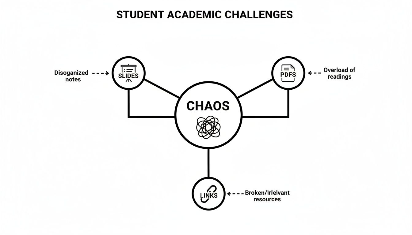 Diagram illustrating student academic challenges leading to chaos from disorganized notes, overloaded readings, and irrelevant resources.