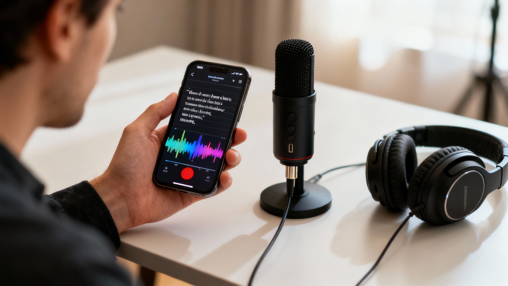 A songwriter using Lyric Studio on their phone to record vocals over a beat