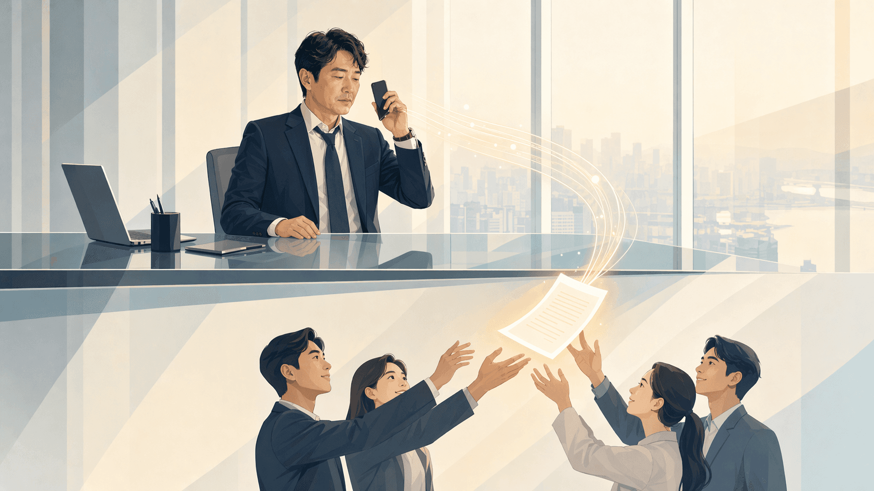 기업 대표의 통화 내용이 팀원들에게 전달되는 과정을 표현한 일러스트