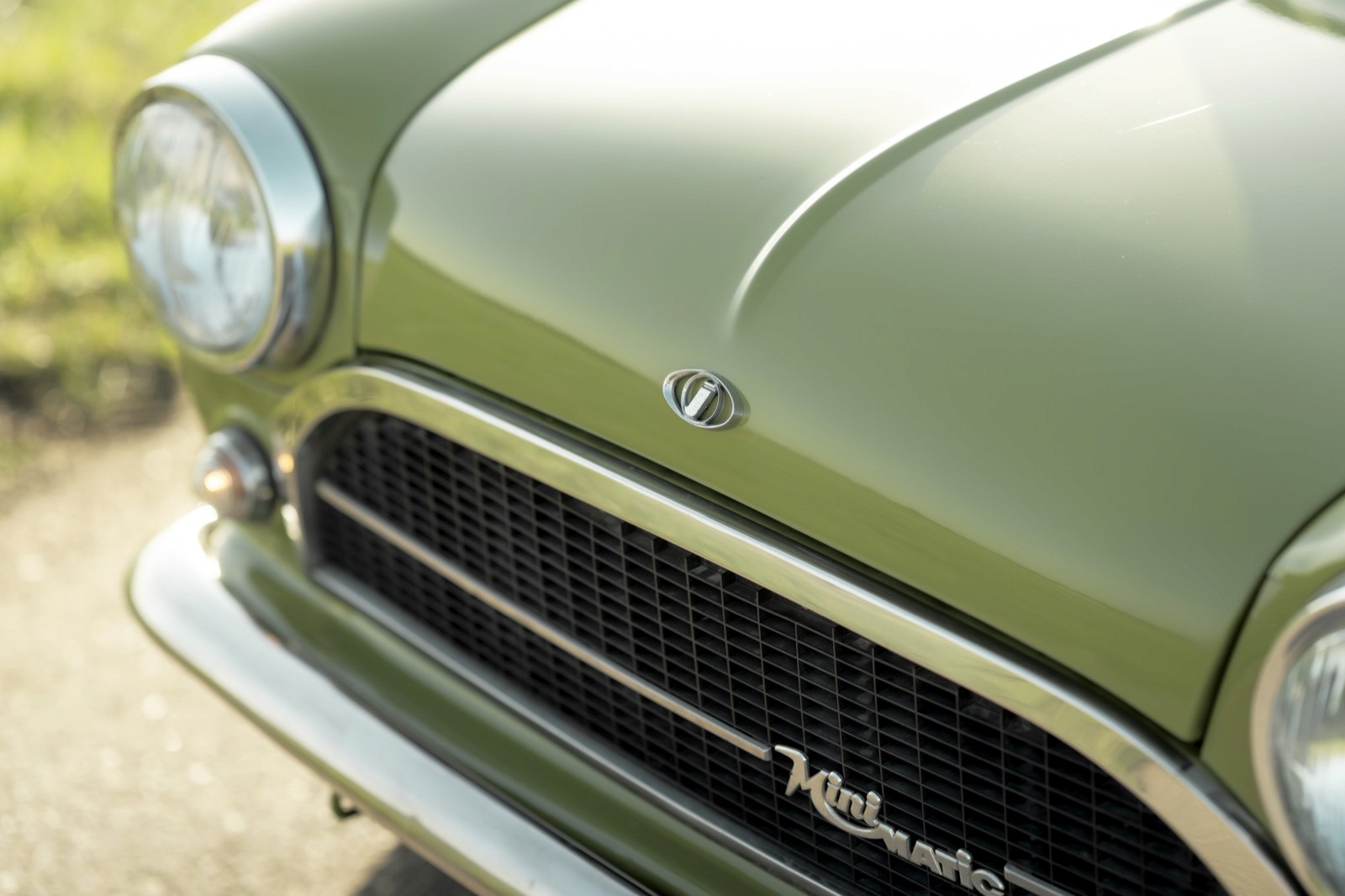 Close-up of a vintage green car's hood and front grille, set against a grassy background.