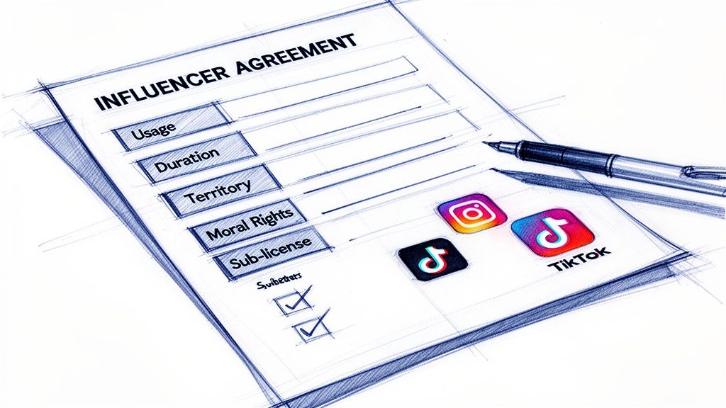 A sketched influencer agreement document showing contract terms, a pen, and social media logos like Instagram and TikTok.