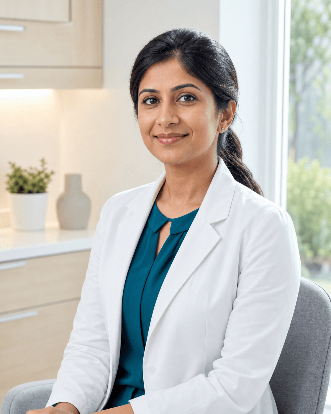 Dr. Priya Shah, fictional demo clinician. AI-generated portrait.