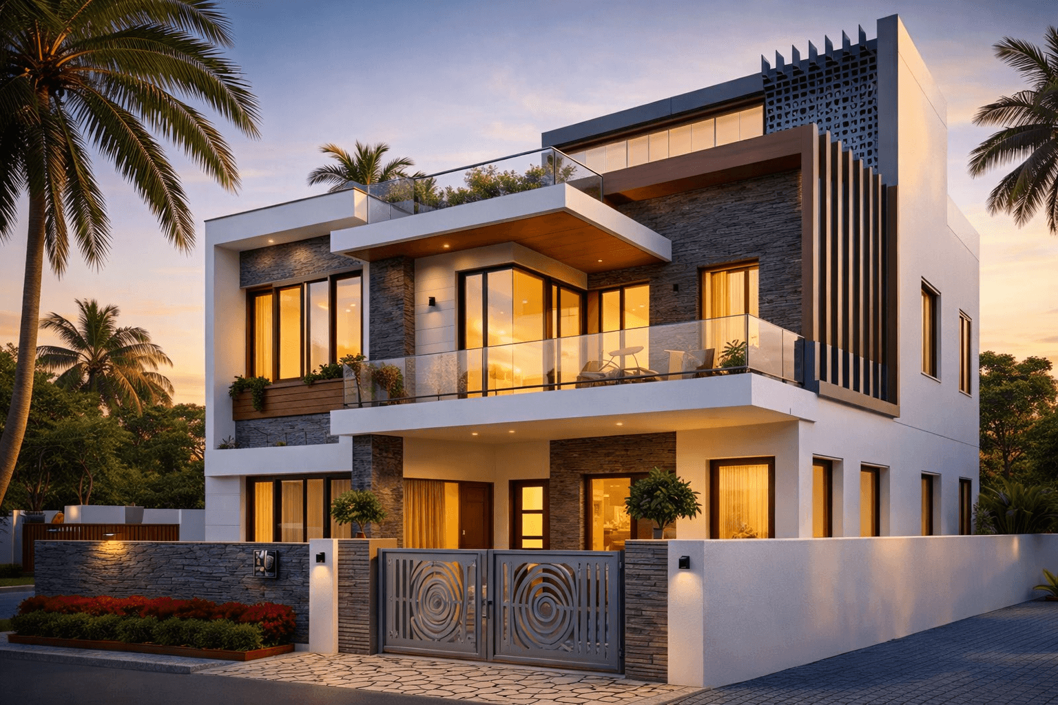 Glass skyscraper towering upwards against a dramatic orange and teal sunset sky.