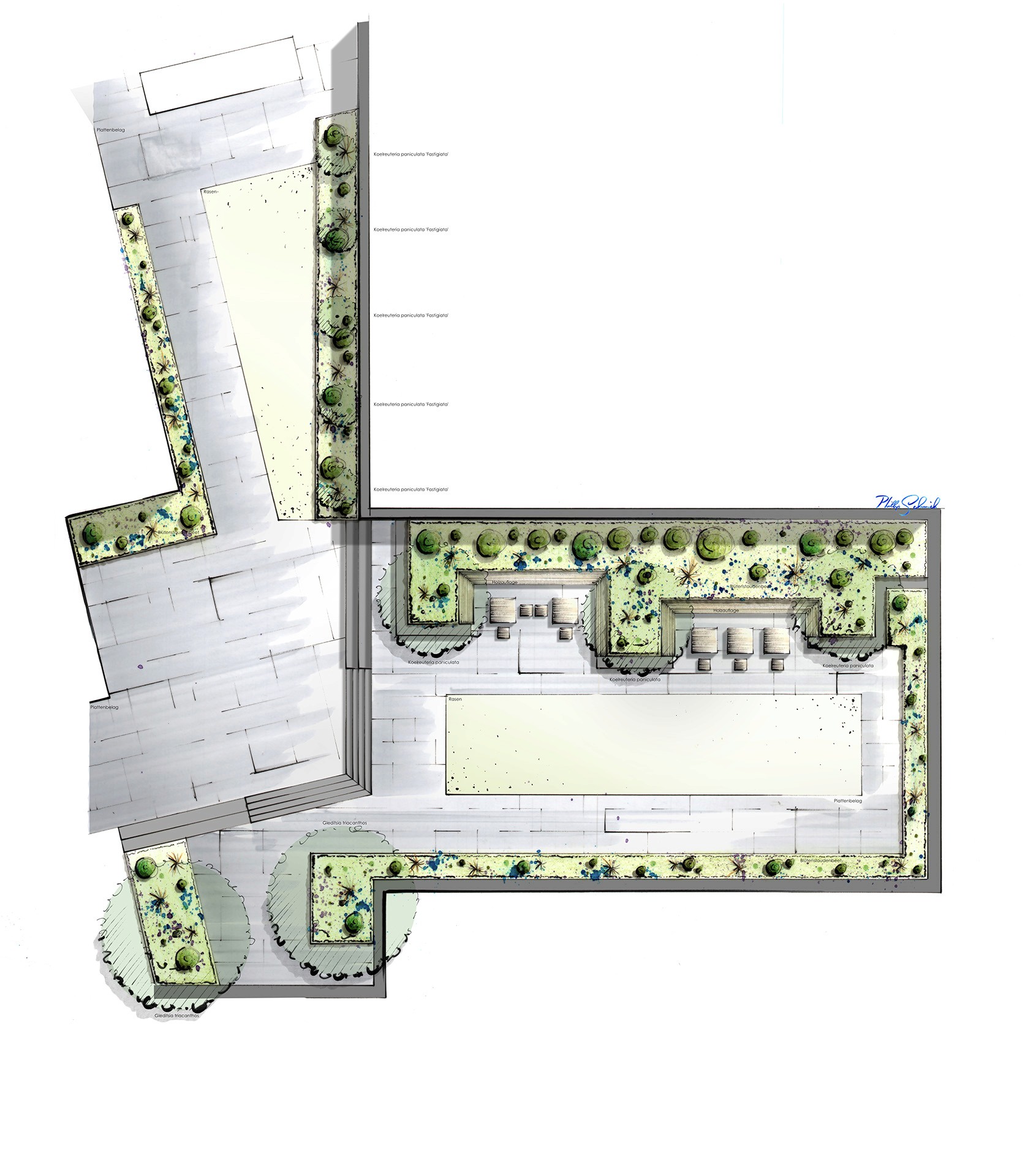 Gestaltungsplan einer terrassierten Gartenanlage mit Sitzbereichen, Pflanzbeeten und Wegen.