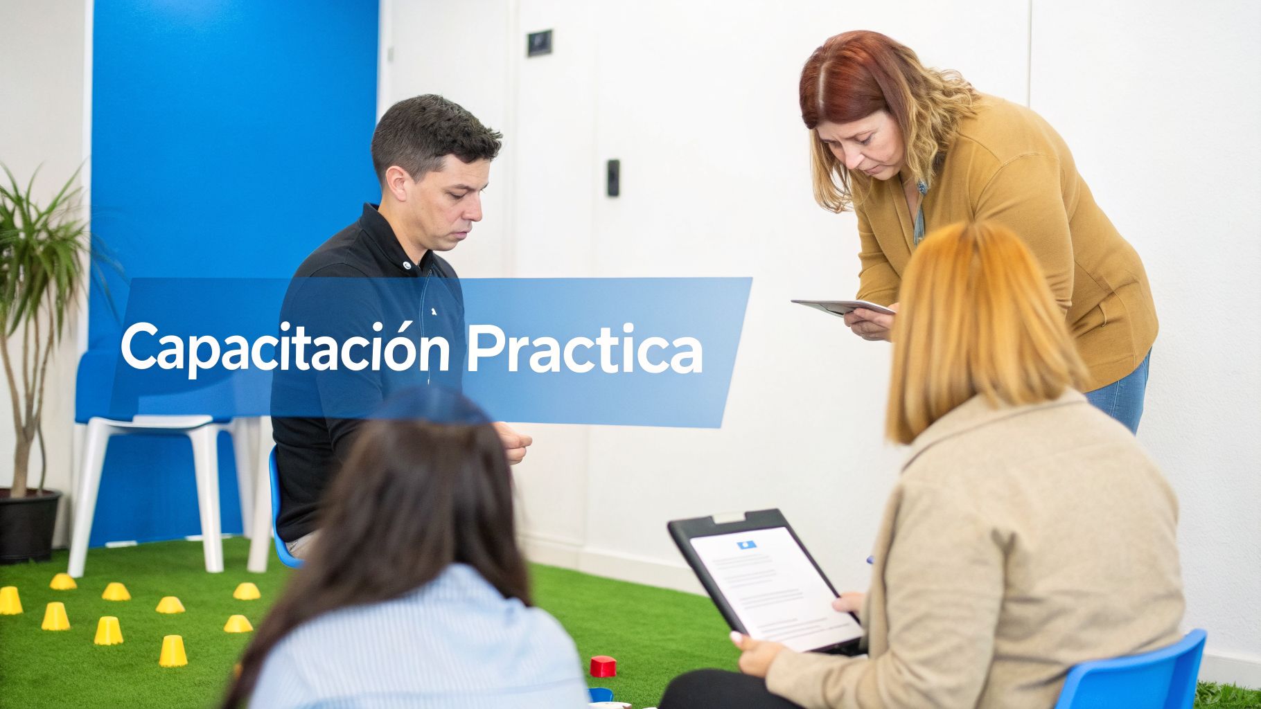 Grupo de personas en una sesión de capacitación práctica, con dos mujeres y un hombre interactuando en un espacio de aprendizaje.