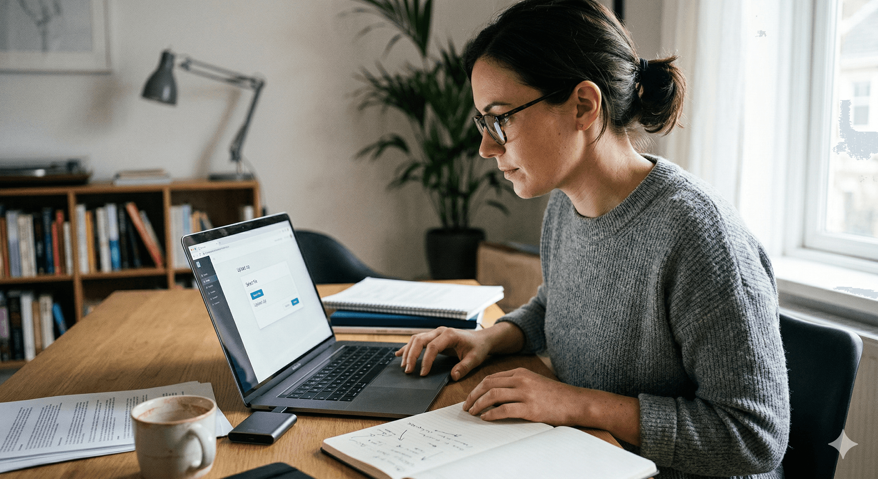 A person in a gray sweater is focused on a laptop displaying a login page, seated at a wooden desk with a notebook and a coffee cup, in a cozy, well-lit room with bookshelves and a potted plant, illustrating the concept of importing ChatGPT and Claude chat history to Gemini.