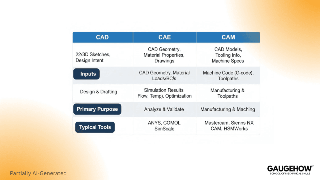 CAD vs CAE vs CAM differences table