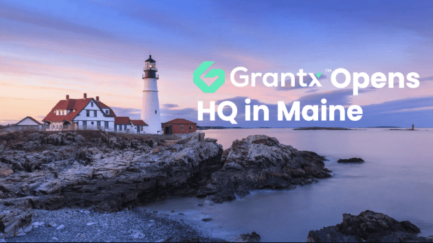 Photo of a lighthouse on the Maine coast with text “Grantx Opens HQ in Maine.”