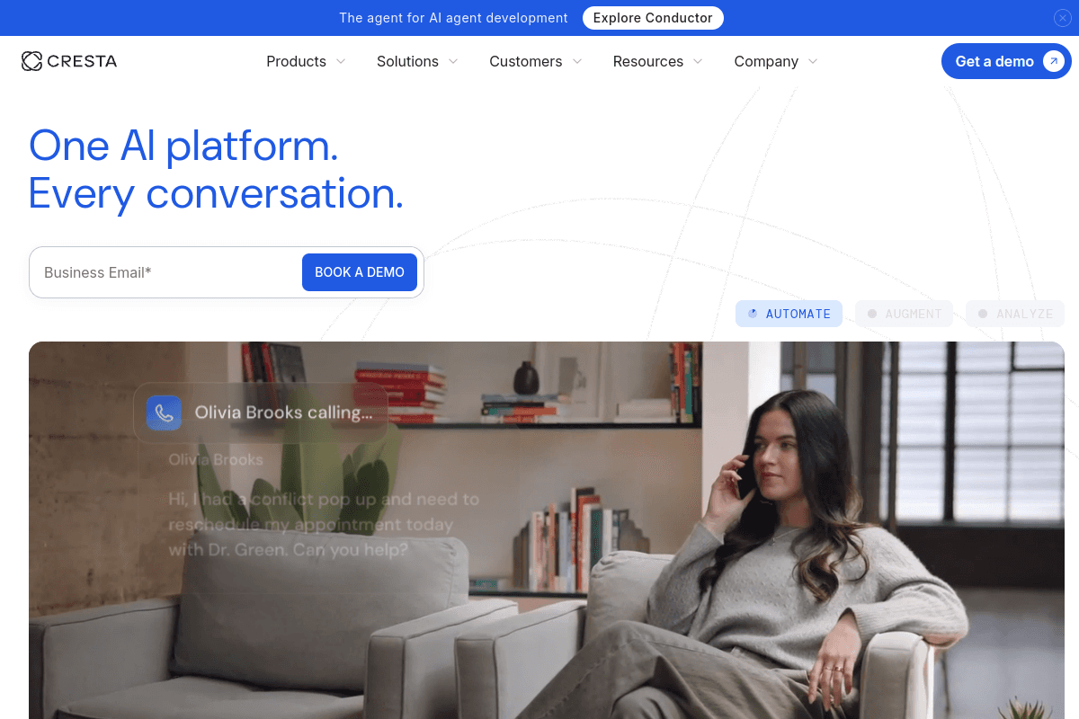 Cresta homepage, an AI platform for contact centers with real-time agent assist and conversation intelligence