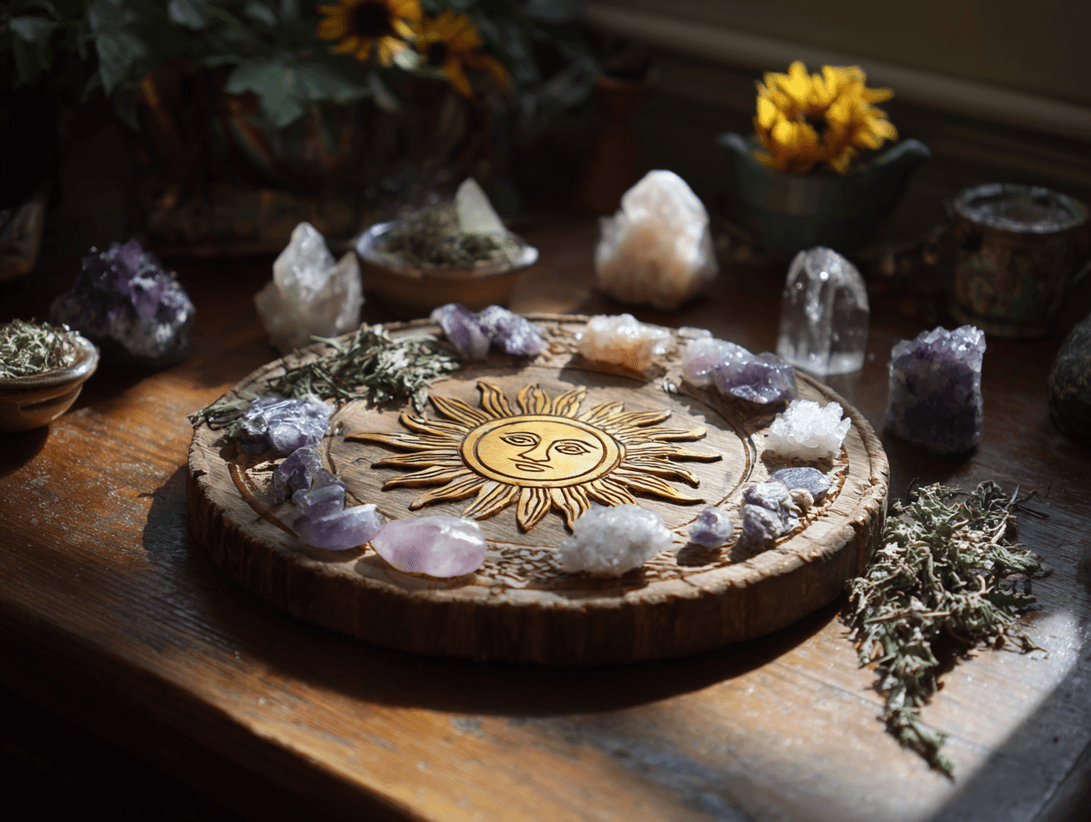 Cozy witch drink with spellbook, herbs & candle
