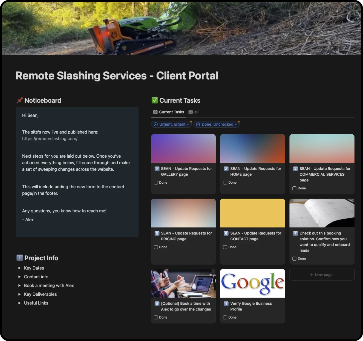 Sean Ellison's client portal for collaborating throughout the web design project