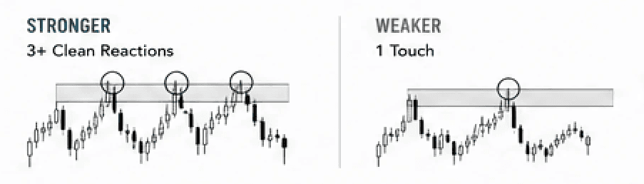 A candlestick chart showing 3 pullbacks at a resistance level versus a weaker one touch pullback