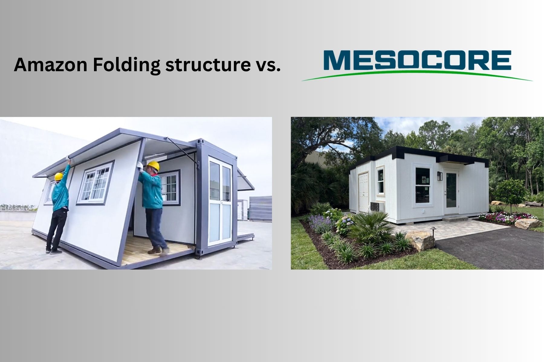 A comparison showing a temporary folding house from an online listing versus a permanent steel-frame Mesocore ADU.