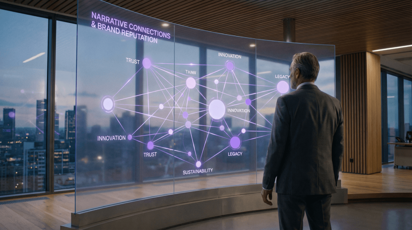 Executive reviewing holographic-style reputation intelligence visualization with interconnected narrative nodes displayed on large curved monitor in modern office
