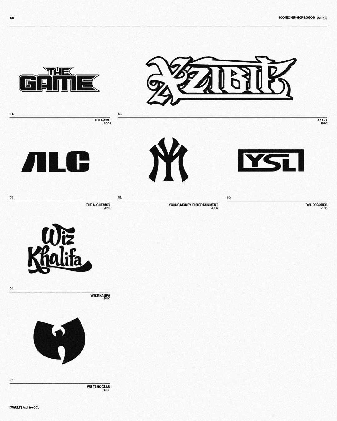A design archive sheet titled 'ICONIC HIP-HOP LOGOS (54-60)' from VAULT Archive 001. The grid features seven black and white logos from influential artists and labels, including Wu-Tang Clan, Wiz Khalifa, and Young Money Entertainment, showcasing the diversity of typographic styles and symbolic iconography in the music industry.