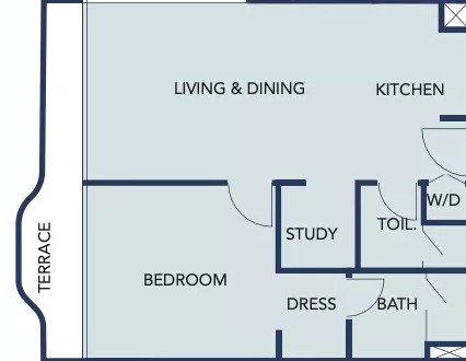 One-bedroom apartment floor plan from Sunset Bay, Dubai, illustrating the arrangement of living spaces and rooms.
