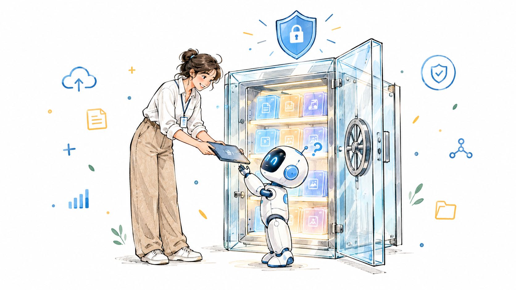 A woman handing a digital tablet to a small robot in front of a secure data vault.
