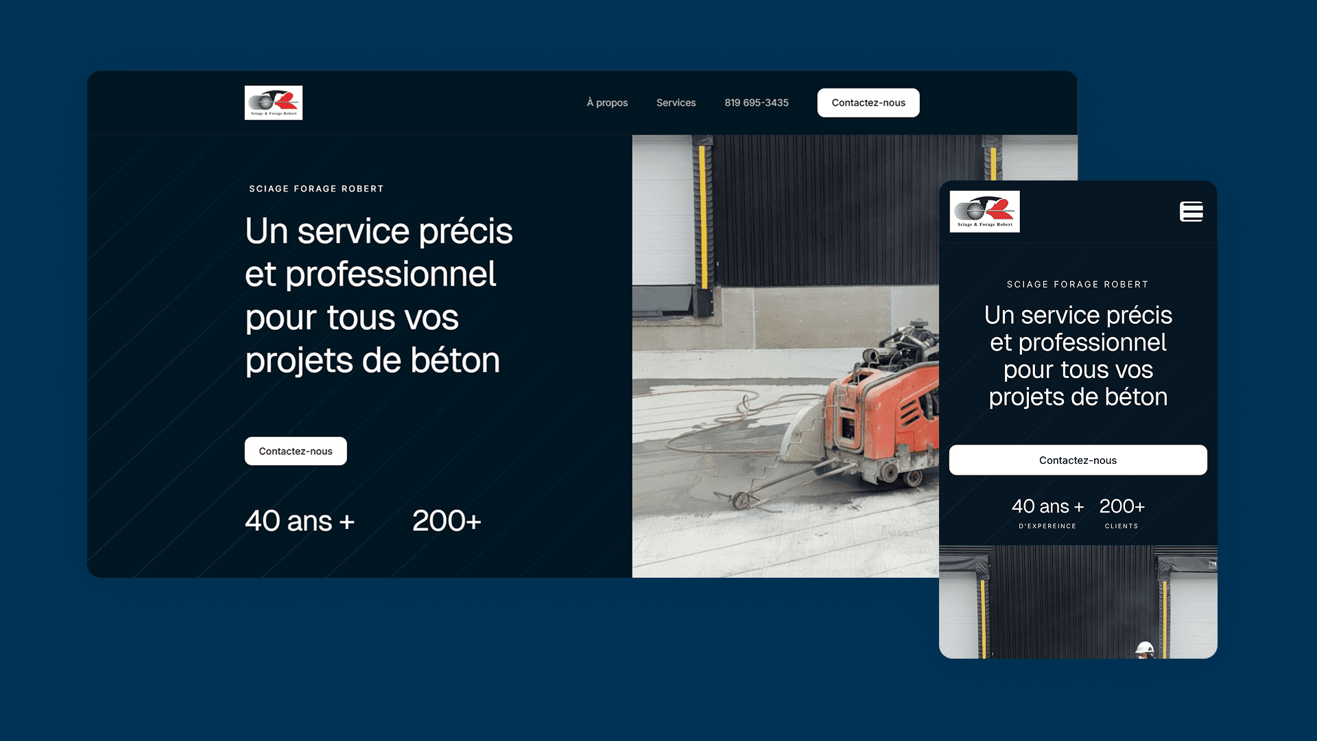 Page d'accueil du site Sciage & Forage Robert affichée sur desktop et mobile — service de sciage et forage de béton précis et professionnel