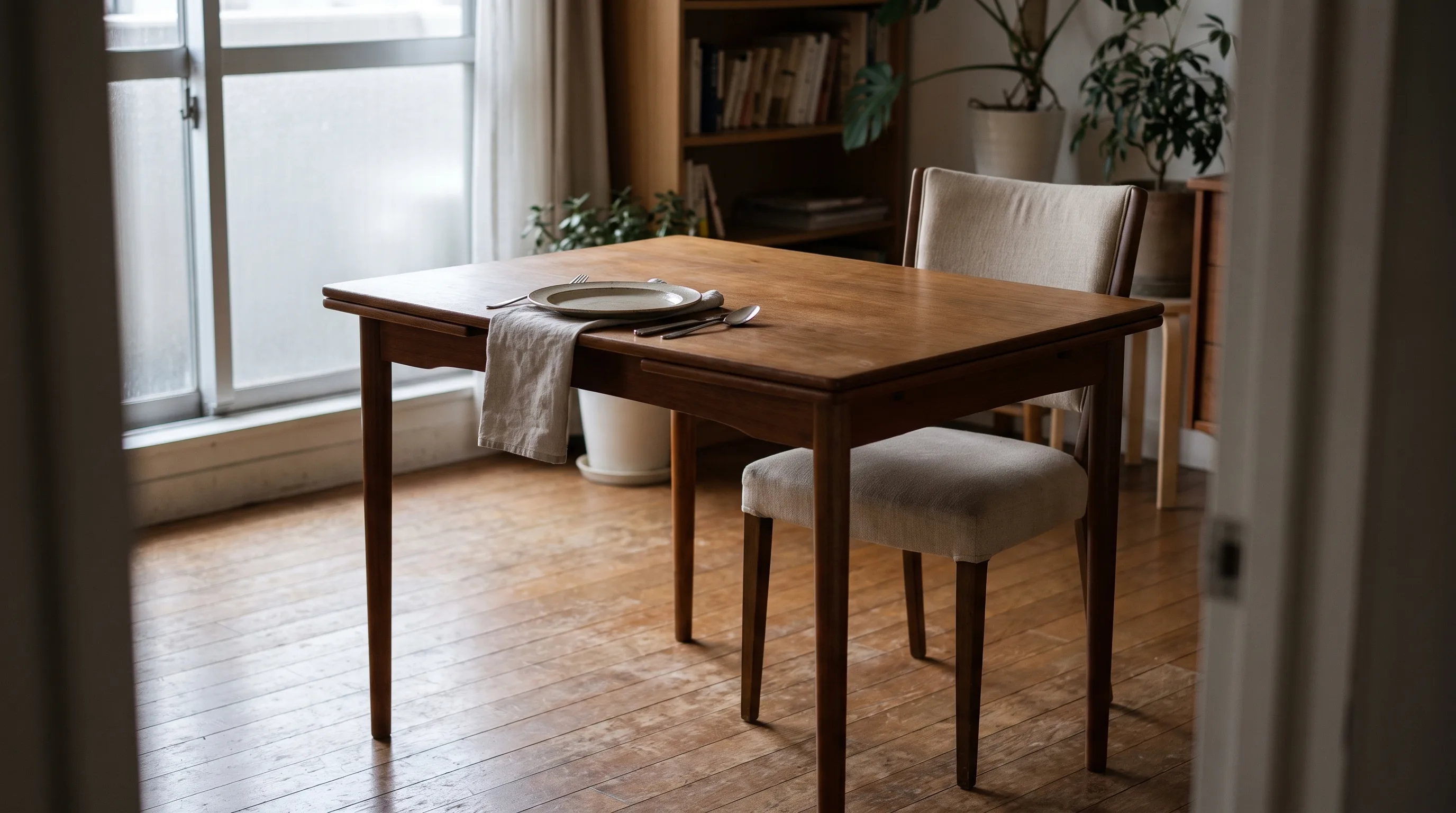 An empty chair at a table set for two, one place laid and the other bare